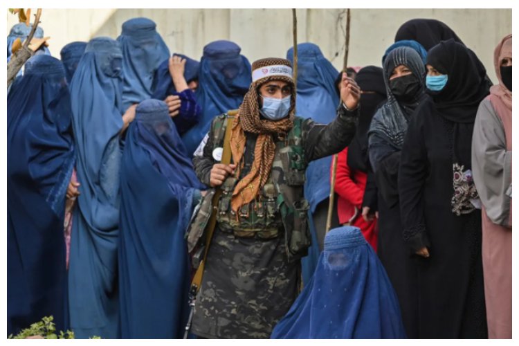 काबुल में विश्व खाद्य कार्यक्रम सहायता वितरण के दौरान अफगान महिलाओं को कतार में खड़ा एक तालिबान गार्ड  (फोटोः ट्विटर)