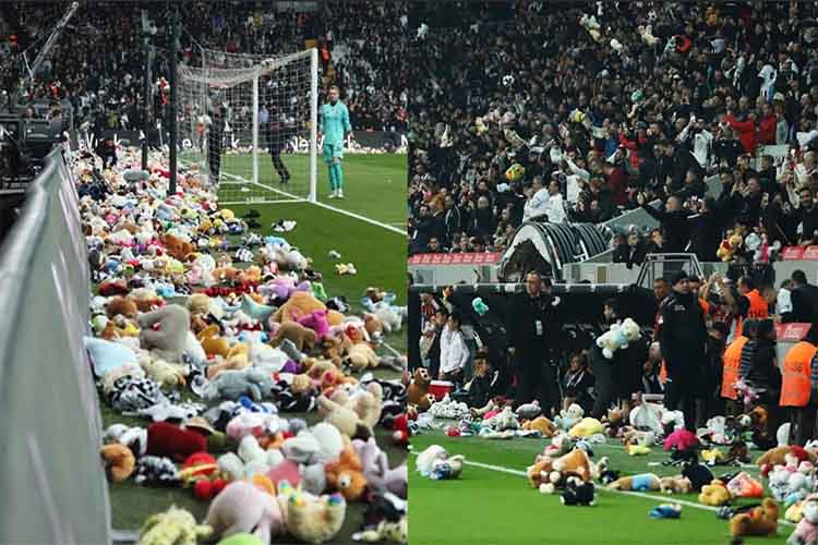 तुर्की: भूकंप प्रभावित बच्चों के लिए फुटबॉल मैदान पर लगाए खिलौनों के ढेर