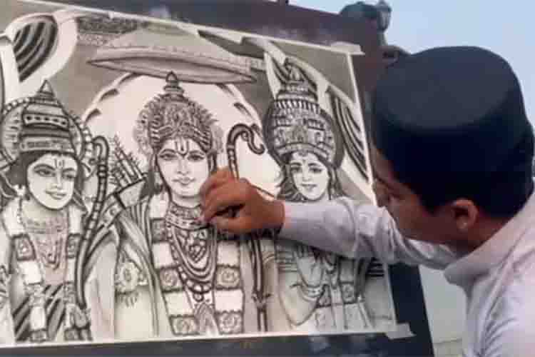 Rizwan Khan with painting of Lord Ram, Lakshman and Mata Janaki 