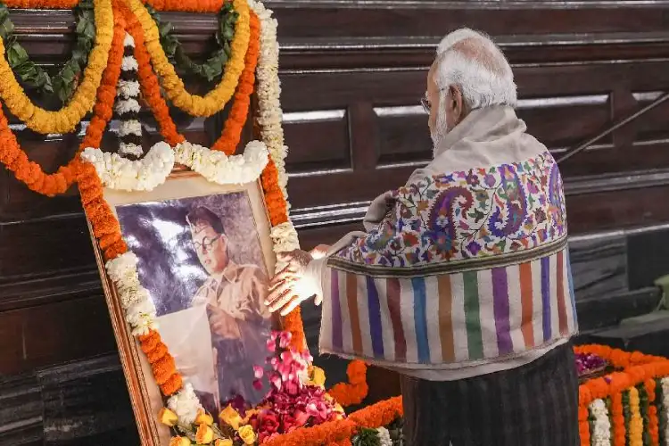PM Modi pays tribute to Netaji Subhash Chandra Bose in the Central Hall of Parliament