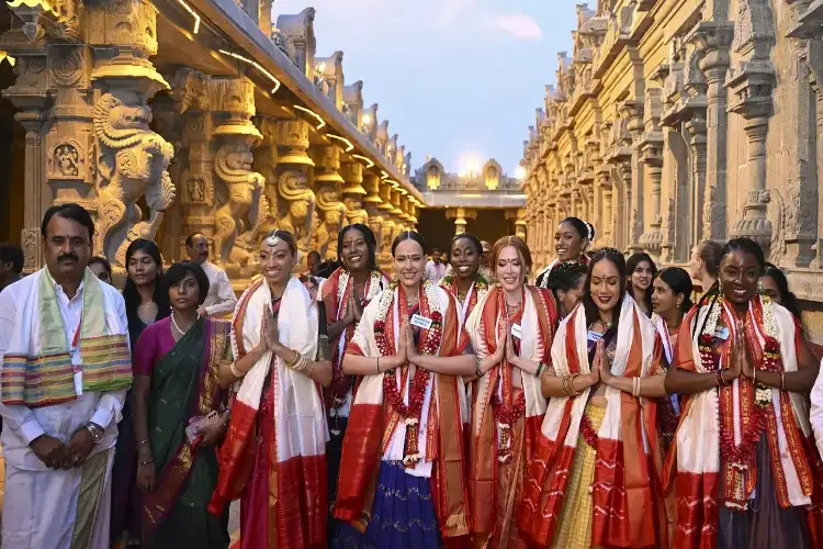 Miss World pageant participants offer prayers at Lakshmi Narasimha temple