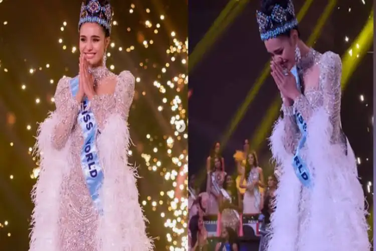 Miss World 2025 Opal Suchata greets audience with a traditional 'Namaste' gesture
