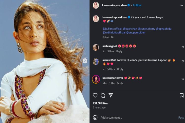 Bebo completes 25 years in Bollywood, fans shower love on her post