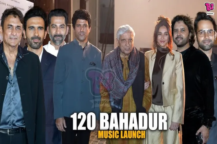 Farhan Akhtar, Javed Akhtar and Sukhwinder at the music album launch of '120 Bahadur'