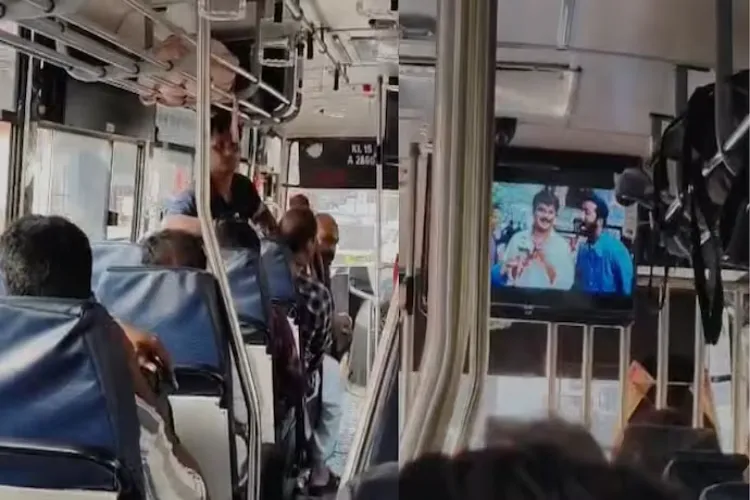 Passengers protest against actor Dileep's film being shown on a KSRTC bus.