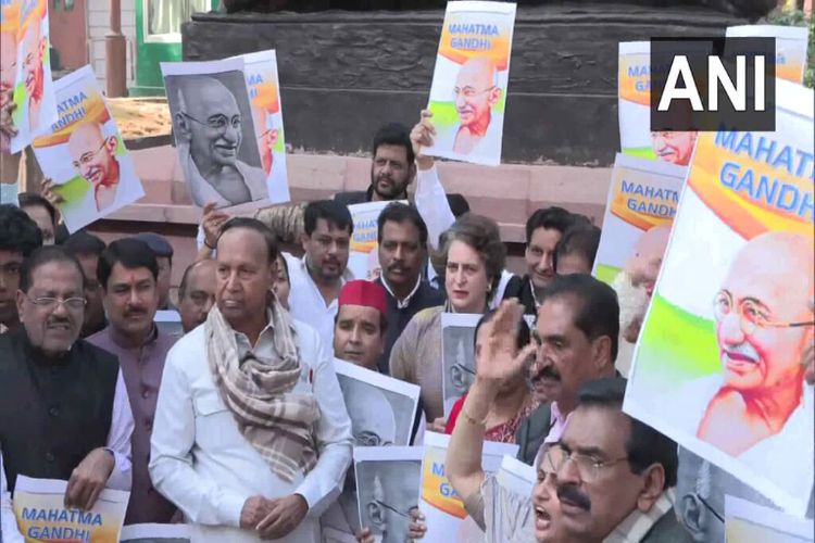 Opposition MPs protest in Parliament premises against the renaming of MGNREGA.