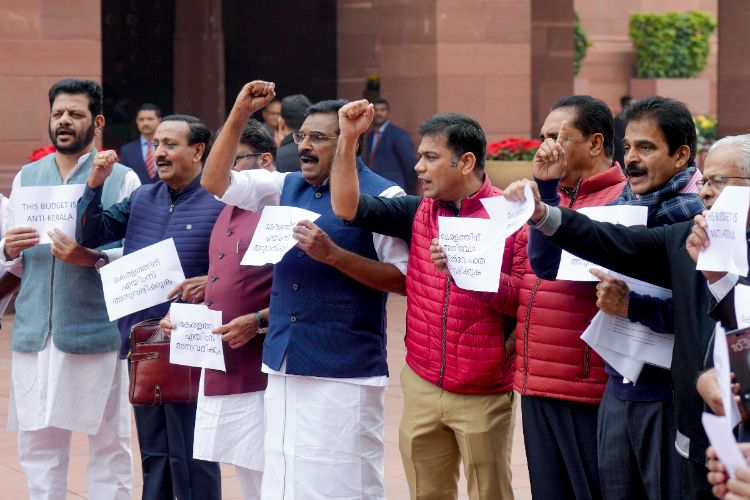 Congress and allies MPs protest in Parliament premises, calling the budget 'anti-Kerala'