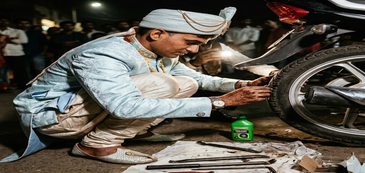 A Crown of Humanity: When a Groom Left His Wedding Procession to Fix a Bike in the Middle of the Road, AI photo Hashmi