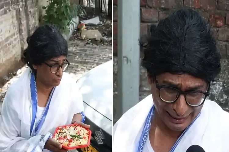 Mimicry artist Ratan Ranjan performs a satirical skit dressed as CM Mamata Banerjee
