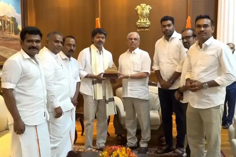 TVK chief Vijay leaves from Lok Bhavan after meeting Governor Arlekar