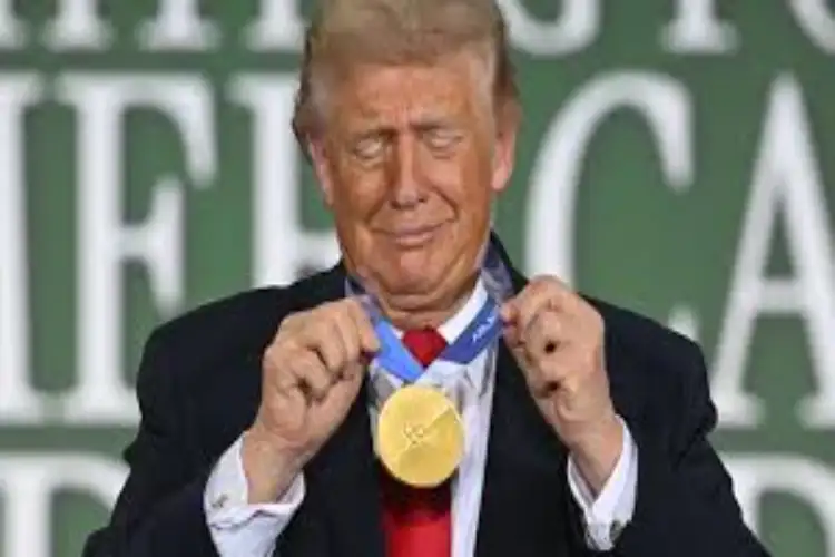 President Trump wears Jordan Stolz's Olympic gold medal