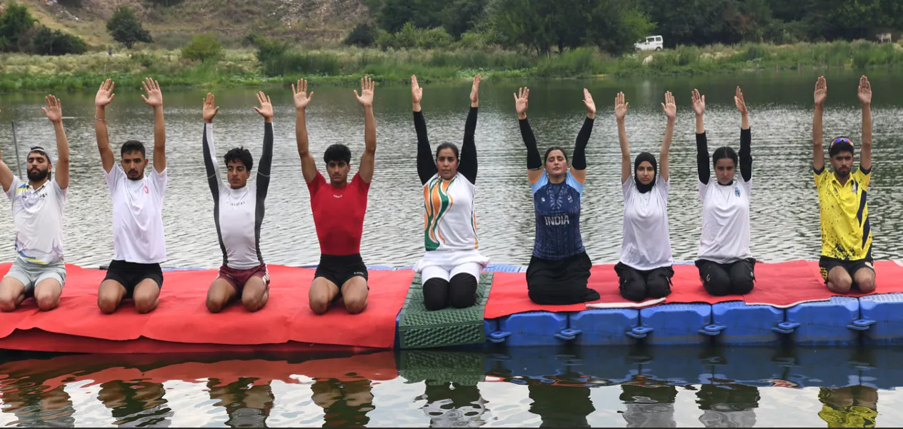 Yoga on a floating platform in Srinagar Lake