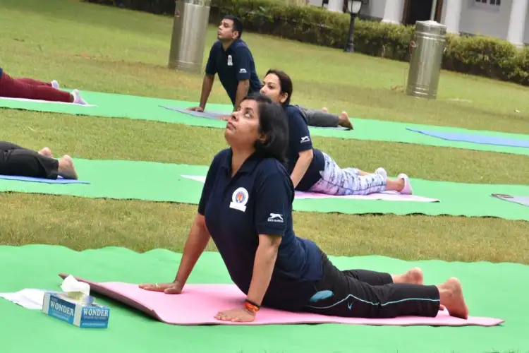 Yoga with women police officers before Yoga Day