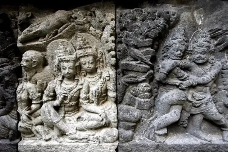 This picture taken 20 May 2007 shows some Hindu Ramayana epic depicted on stones at the Prambanan temple in Yogyakarta Photograph: (AFP)