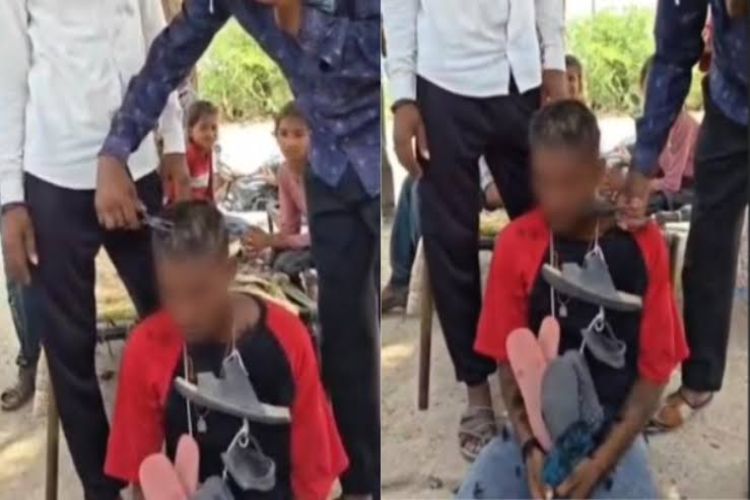 Youth's head shaved, garlanded with shoes and paraded through village