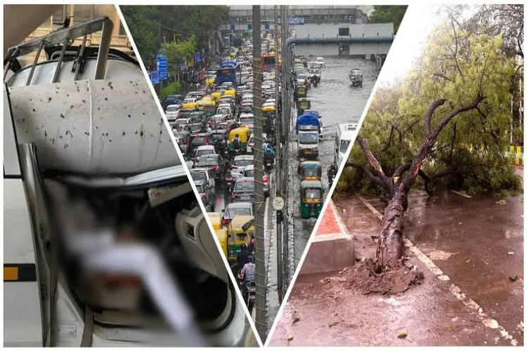 Waterlogging in Delhi due to heavy rain; traffic affected on AIIMS flyover.