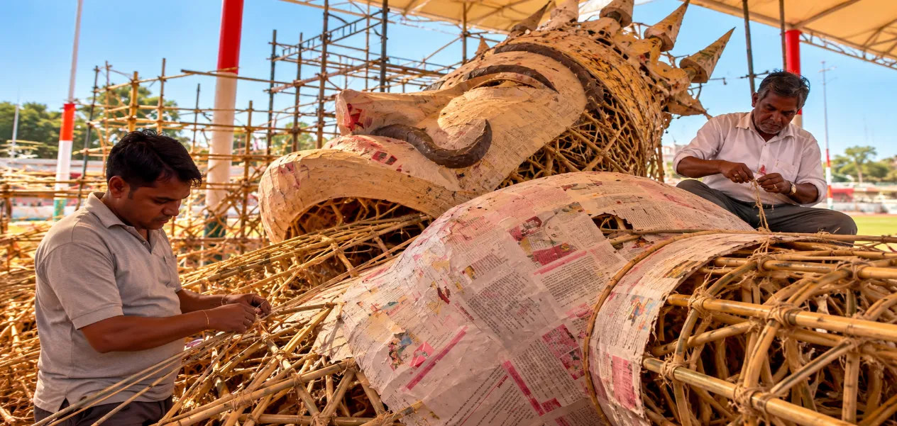 Dussehra in Ajmer: 65-foot-tall Ravana to feature blinking eyes and moving hands; Shabbir putting the finishing touches on the effigy.