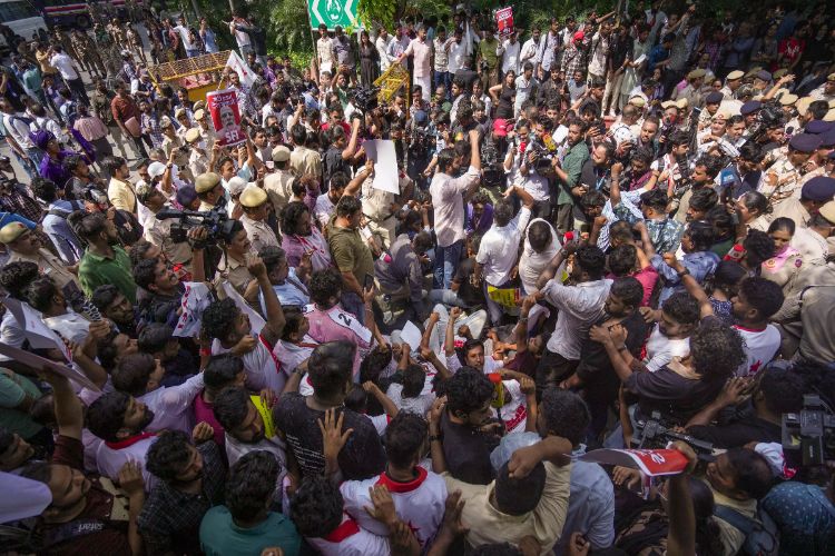 NSUI protests demanding resignation of CEC Gyanesh Kumar