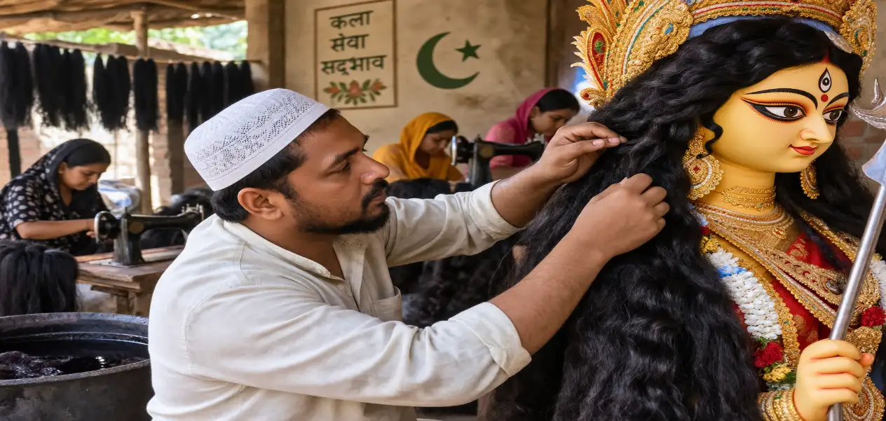 Muslim artisans styling Goddess Durga's hair—crafting an example of Hindu-Muslim unity.