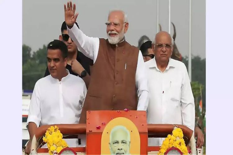 PM Modi holds a roadshow in Bhildi village during his two-day visit to Gujarat
